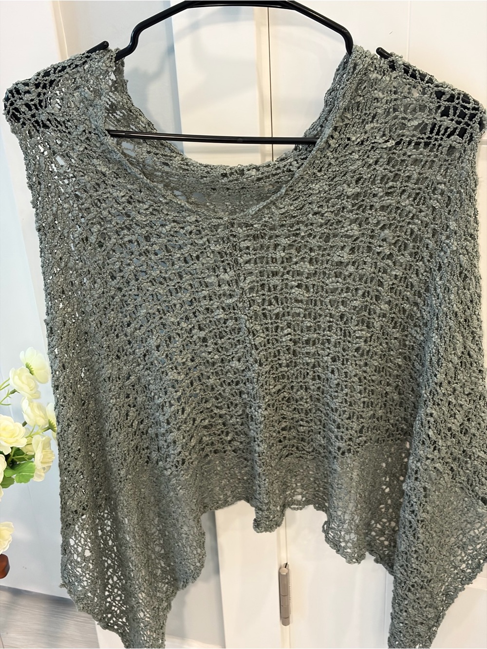 Open-Weave Crochet Poncho Sweater - Gray